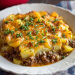 A hearty layered ground beef and potatoes casserole with ground beef and tender potatoes, topped with melted cheese and garnished with chopped parsley.