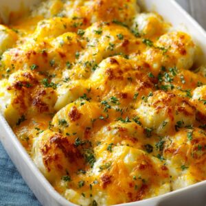 A golden, bubbly potato casserole topped with melted cheddar cheese and sprinkled with fresh parsley.