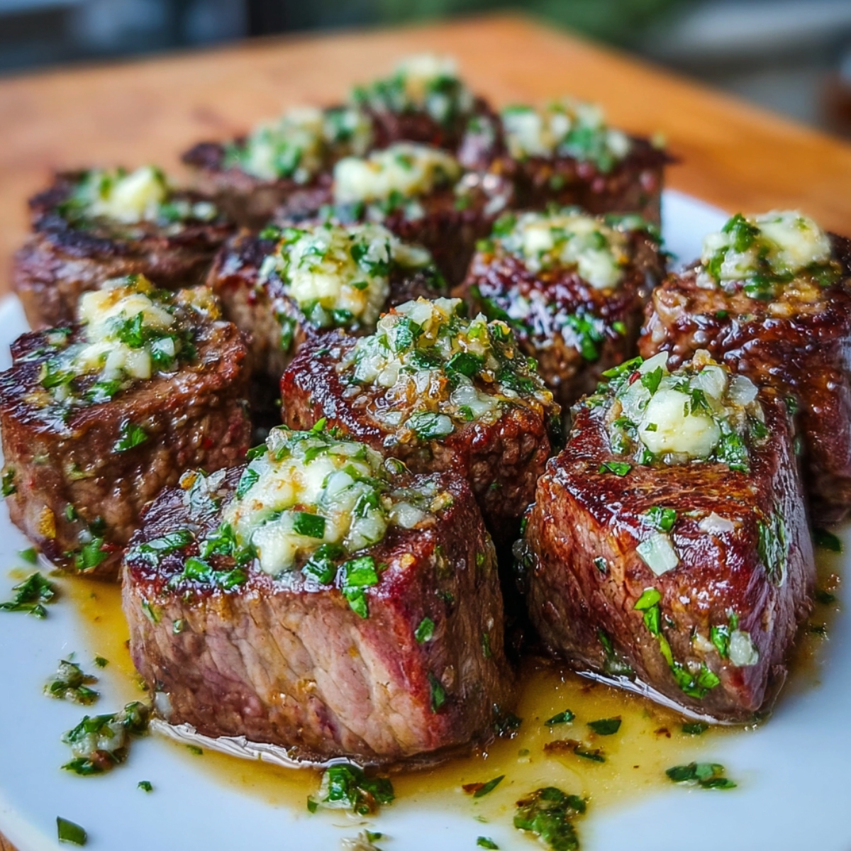 Cooked steak bites with garlic butter arranged on a white plate, each topped with a spoonful of garlic herb butter, with melted juices pooling at the bottom.