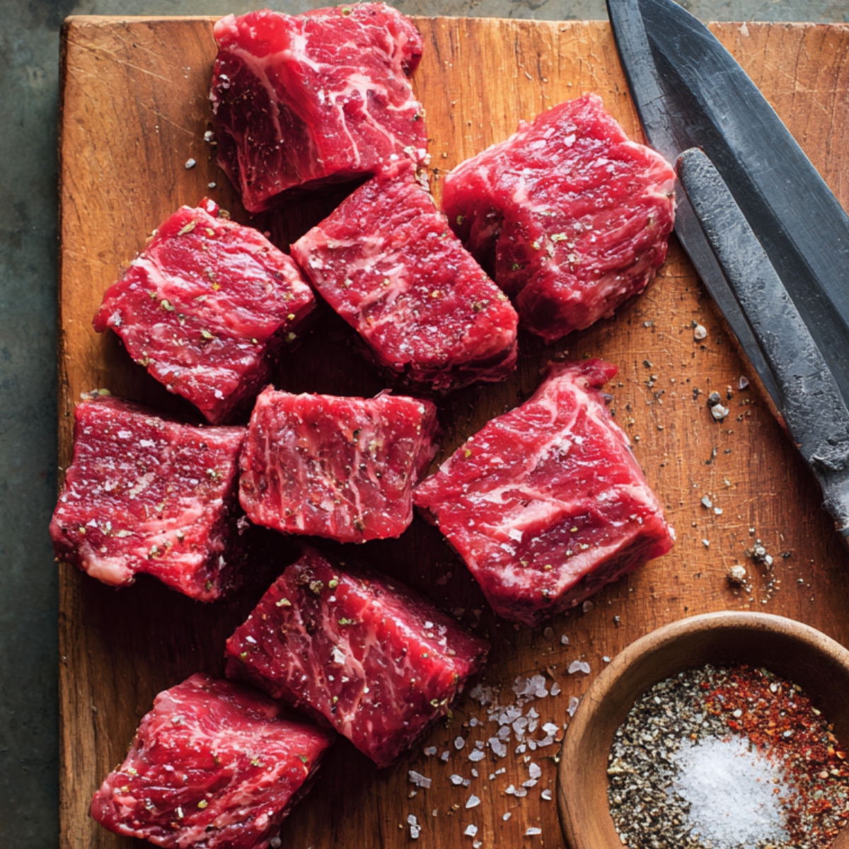 Raw beef cubes on a wooden cutting board, lightly seasoned with salt and pepper, with a knife and a small bowl of spices beside them.
