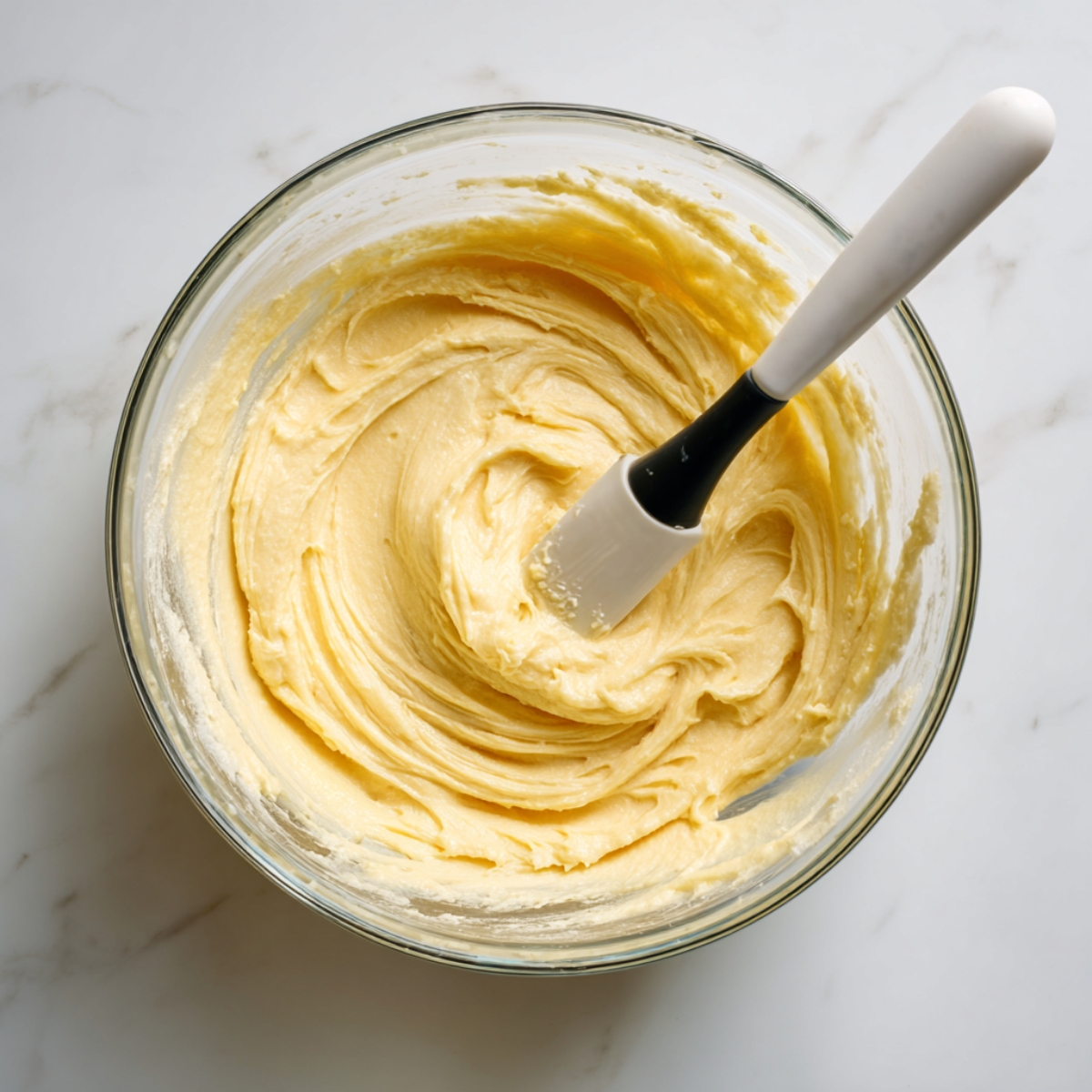 A glass bowl filled with smooth, creamy yellow pie batter, with a silicone spatula resting inside.