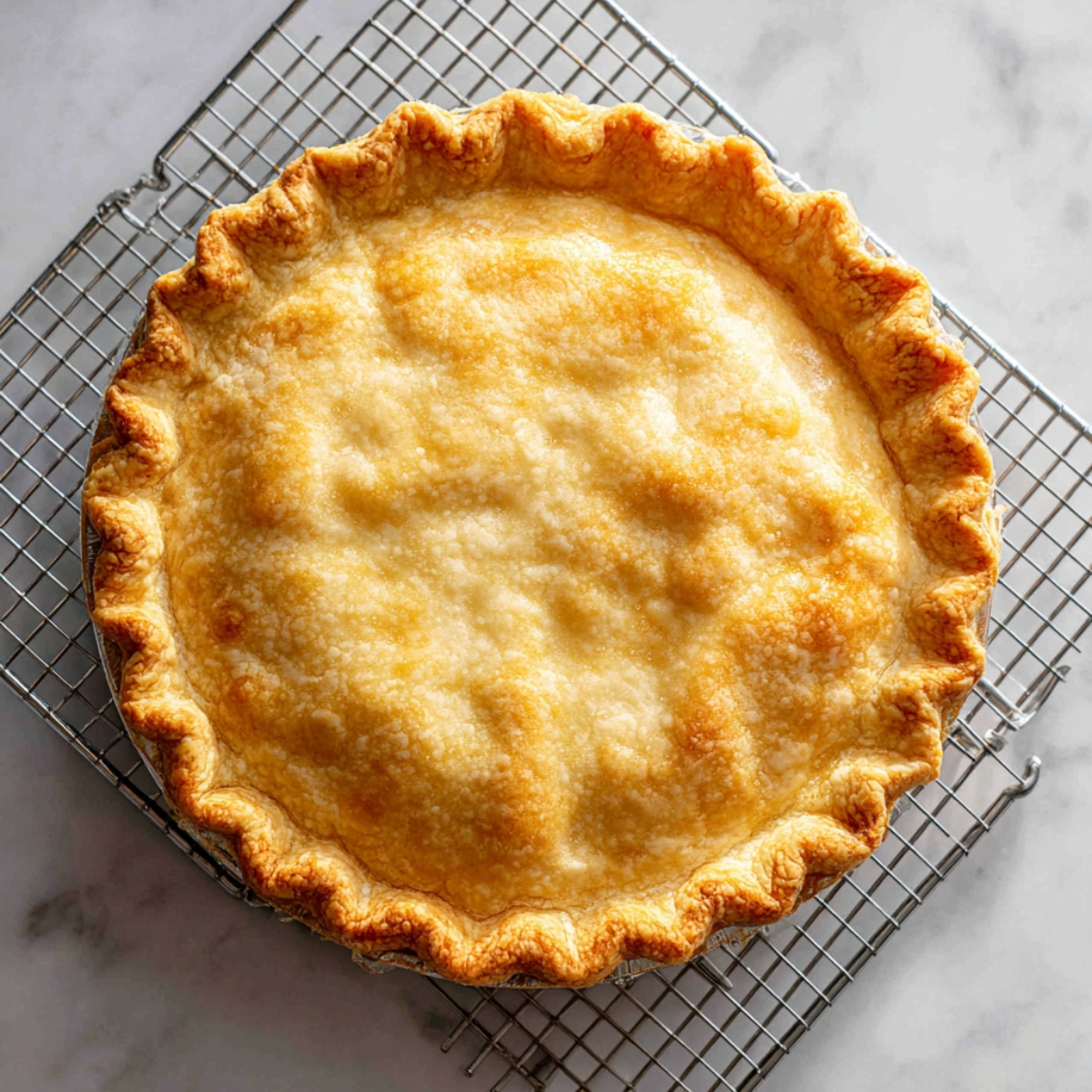 A whole baked pie with a golden, flaky crust, cooling on a metal wire rack over a marble surface.