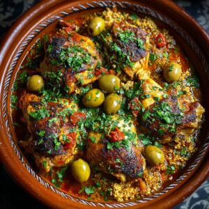 A Moroccan-style Moroccan chicken tagine with browned chicken pieces, olives, chopped herbs, tomatoes, and couscous or grains in a clay dish.
