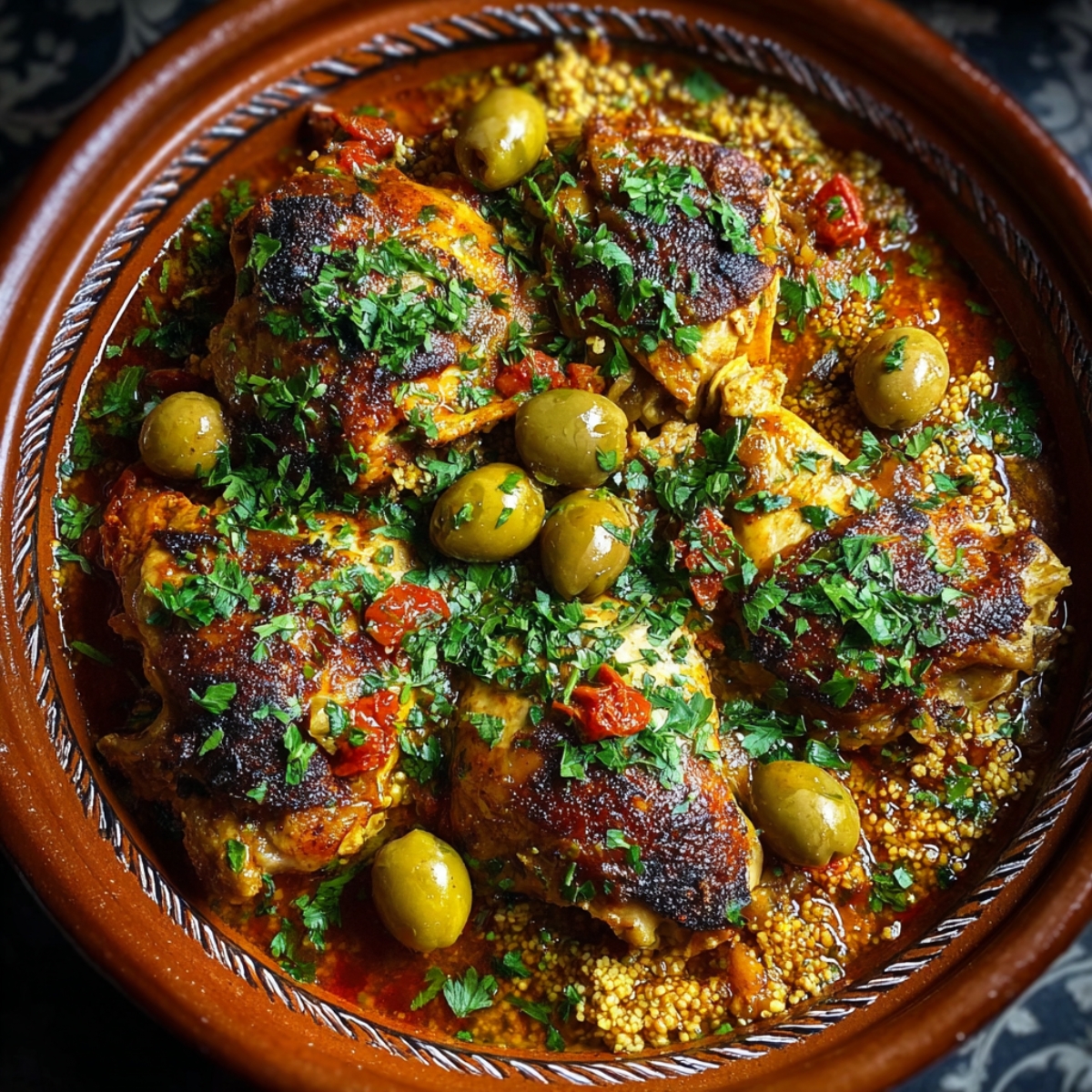 A Moroccan-style Moroccan chicken tagine with browned chicken pieces, olives, chopped herbs, tomatoes, and couscous or grains in a clay dish.