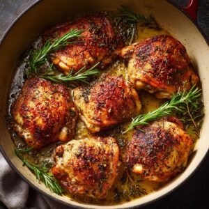 Golden, crispy chicken thighs cooked in a pan with a buttery herb sauce, garnished generously with fresh rosemary sprigs.