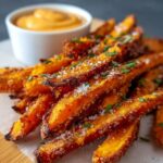 Crispy crispy sweet potato fries baked fries with a coarse salt and herb topping, served alongside a small cup of creamy dipping sauce.