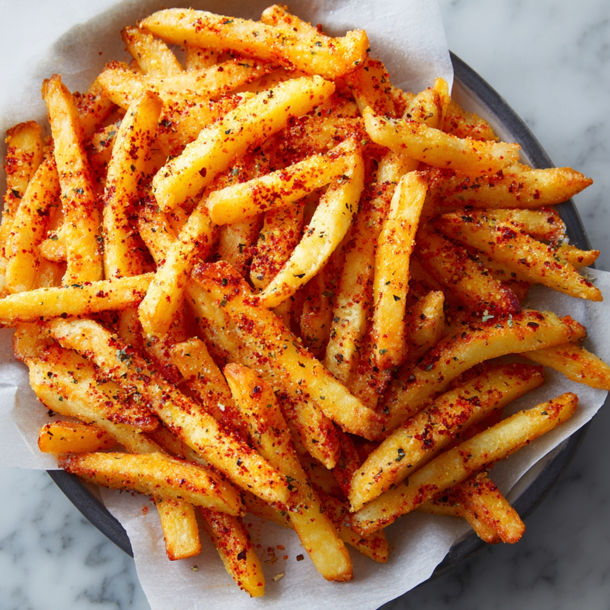 A bowl of crispy French fries coated in a red chili-style seasoning blend, served on parchment paper.