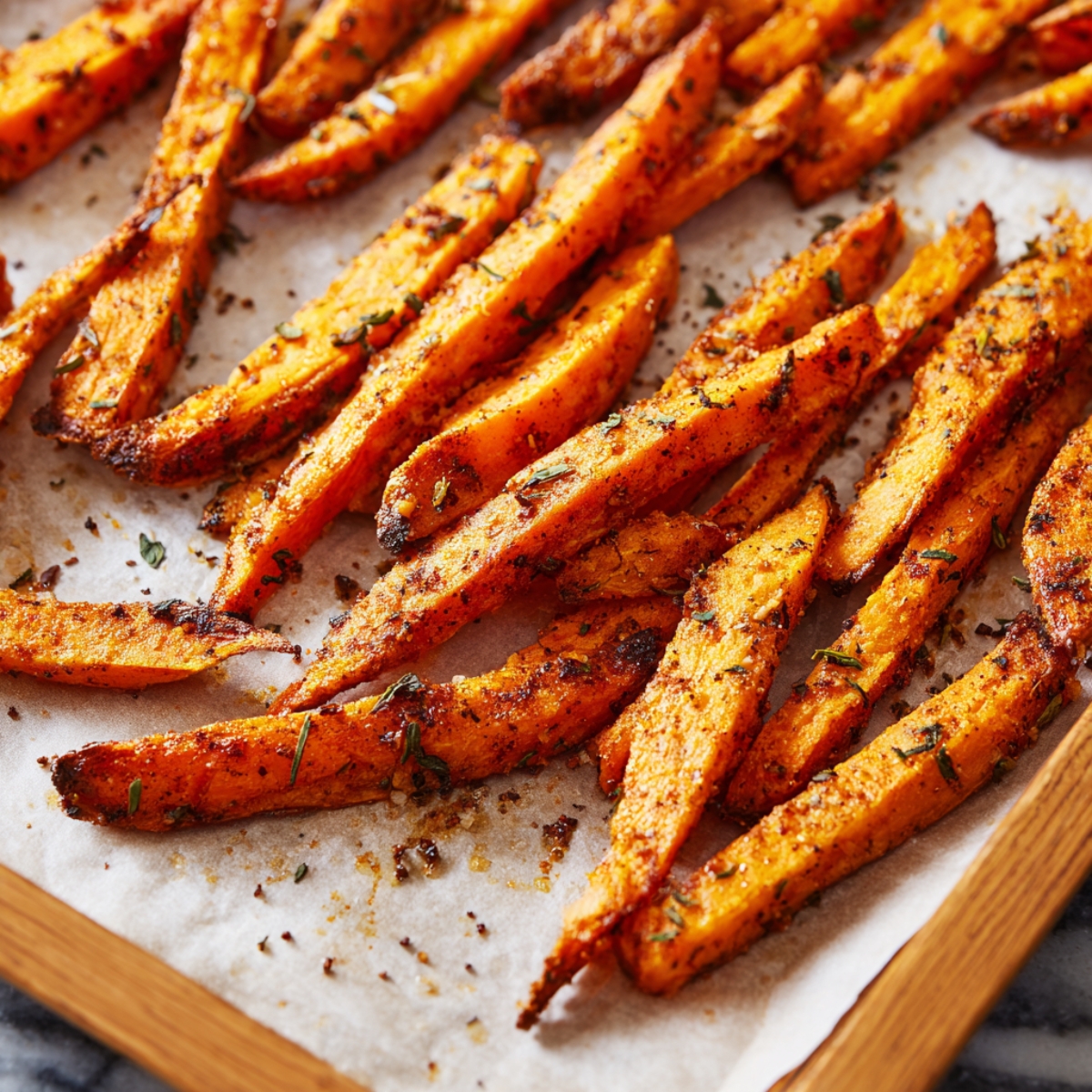 Oven-baked sweet potato fries seasoned with herbs and spices, spread out on a parchment-lined baking tray.