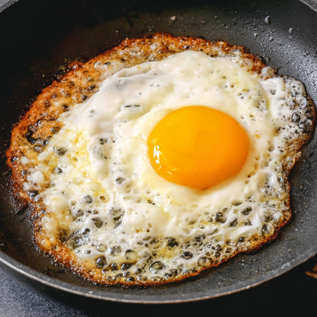 Fried egg with a bright yellow yolk, cooking in a skillet with crispy edges.