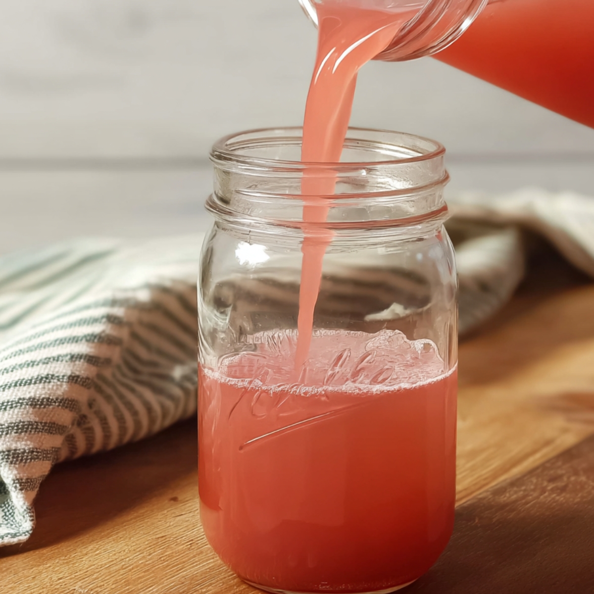"Pouring pink guava juice into a mason jar on a wooden surface, with a striped towel in the background."