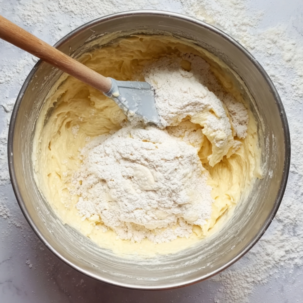 Flour being folded into cake batter in a mixing bowl.