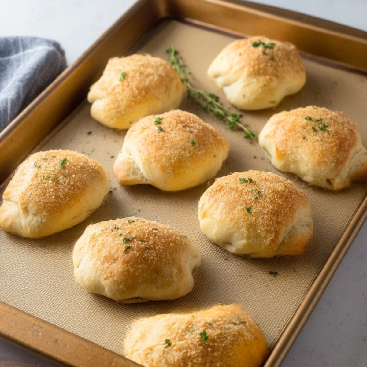 The image shows a tray of golden-brown baked rolls, topped with a light dusting of seasoning and fresh herbs like thyme.