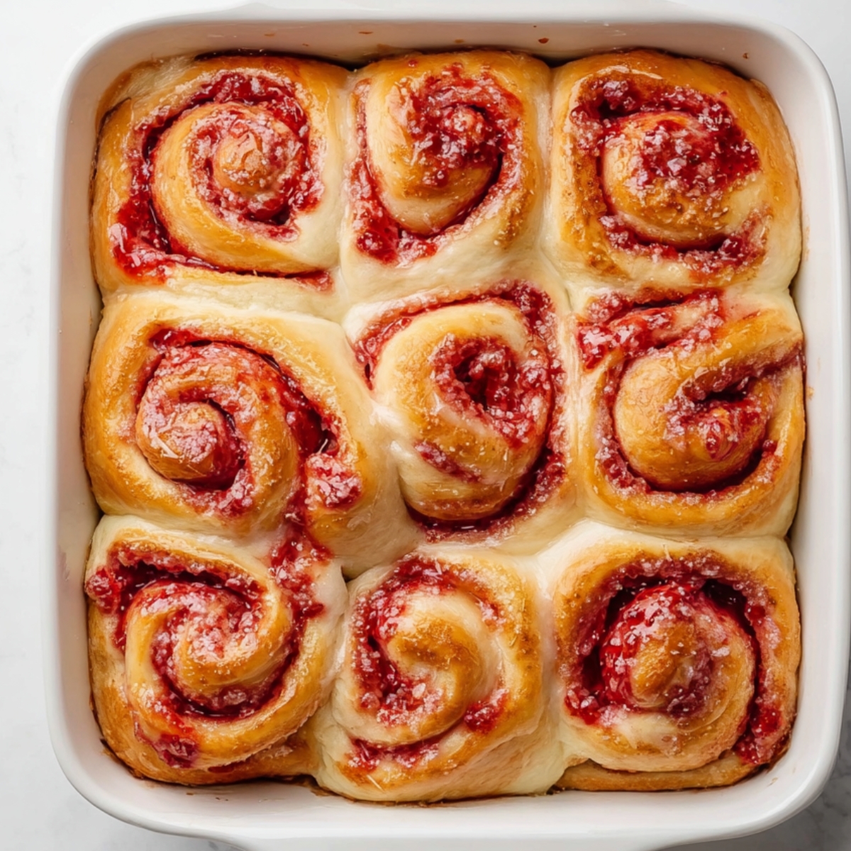 “Freshly baked strawberry cinnamon rolls in a white baking dish.”