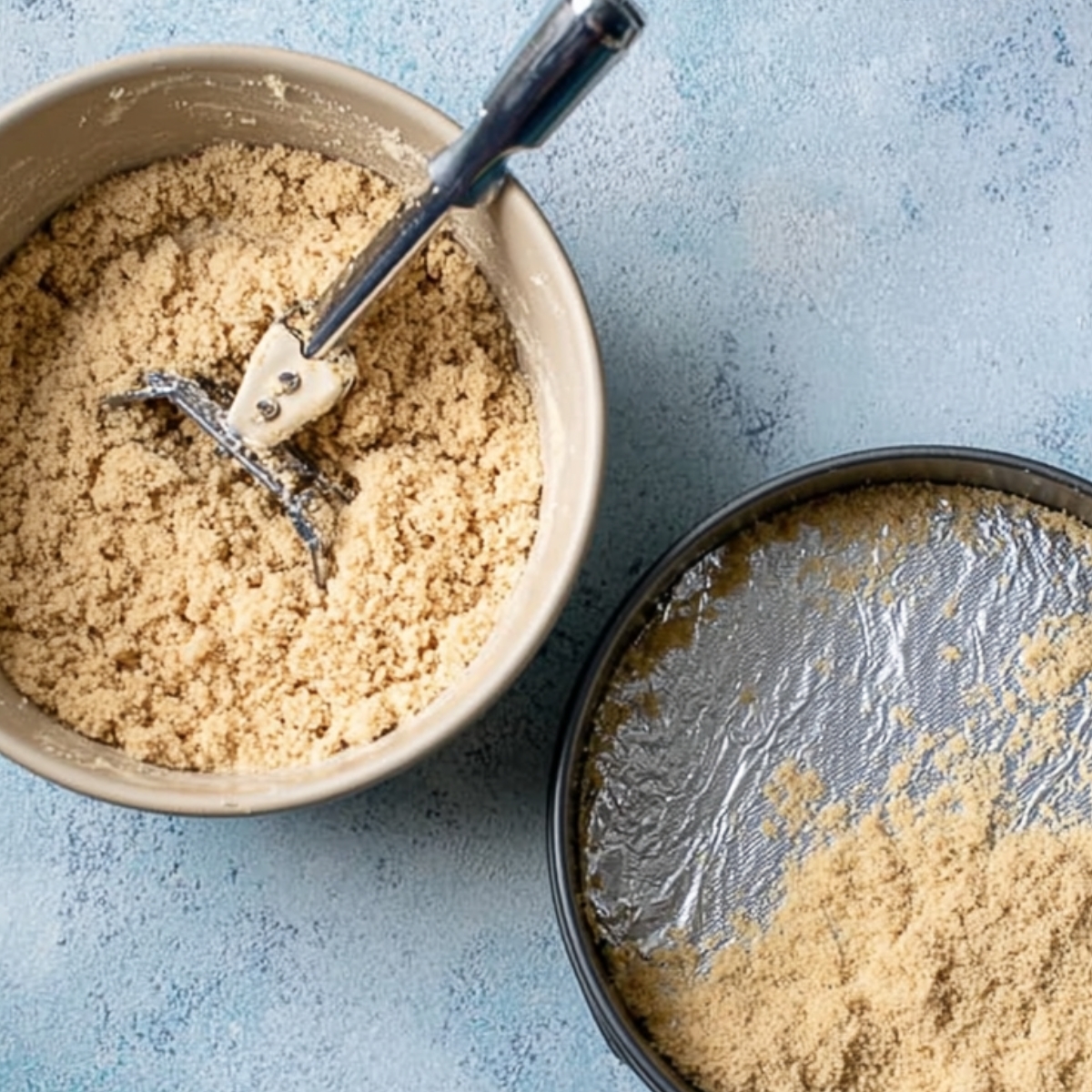 Crumb crust mixture in a bowl beside a lined springform pan.