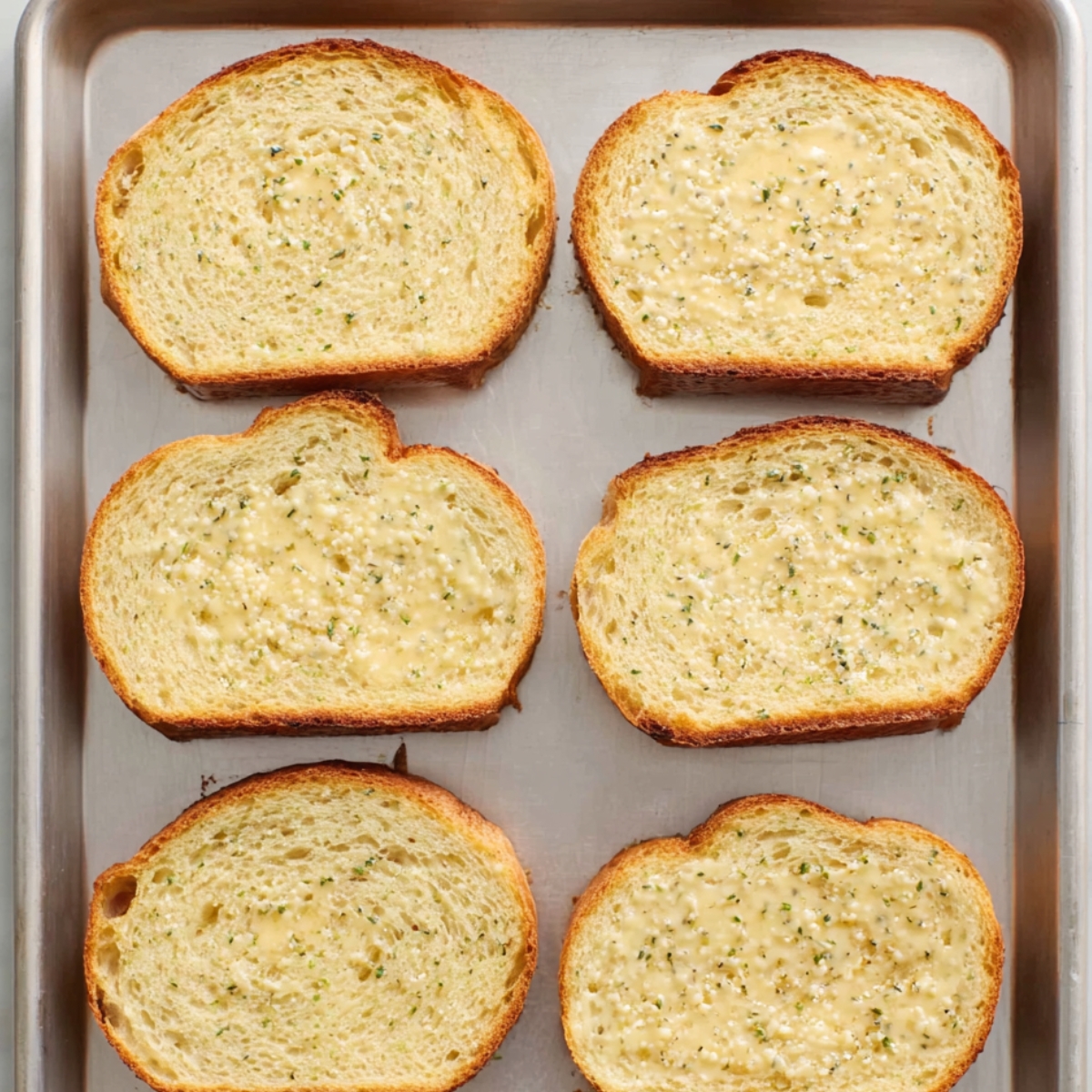 Buttered bread slices arranged on a baking sheet.