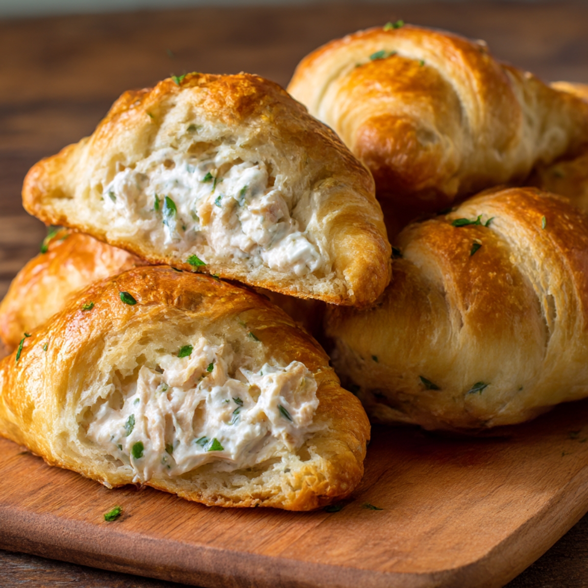 The image shows freshly baked croissants filled with a creamy Chicken Pillows ( mixture. The filling, likely made with shredded chicken and herbs, is visible inside the golden, flaky pastry. Would you like a recipe for making these chicken-filled croissants?