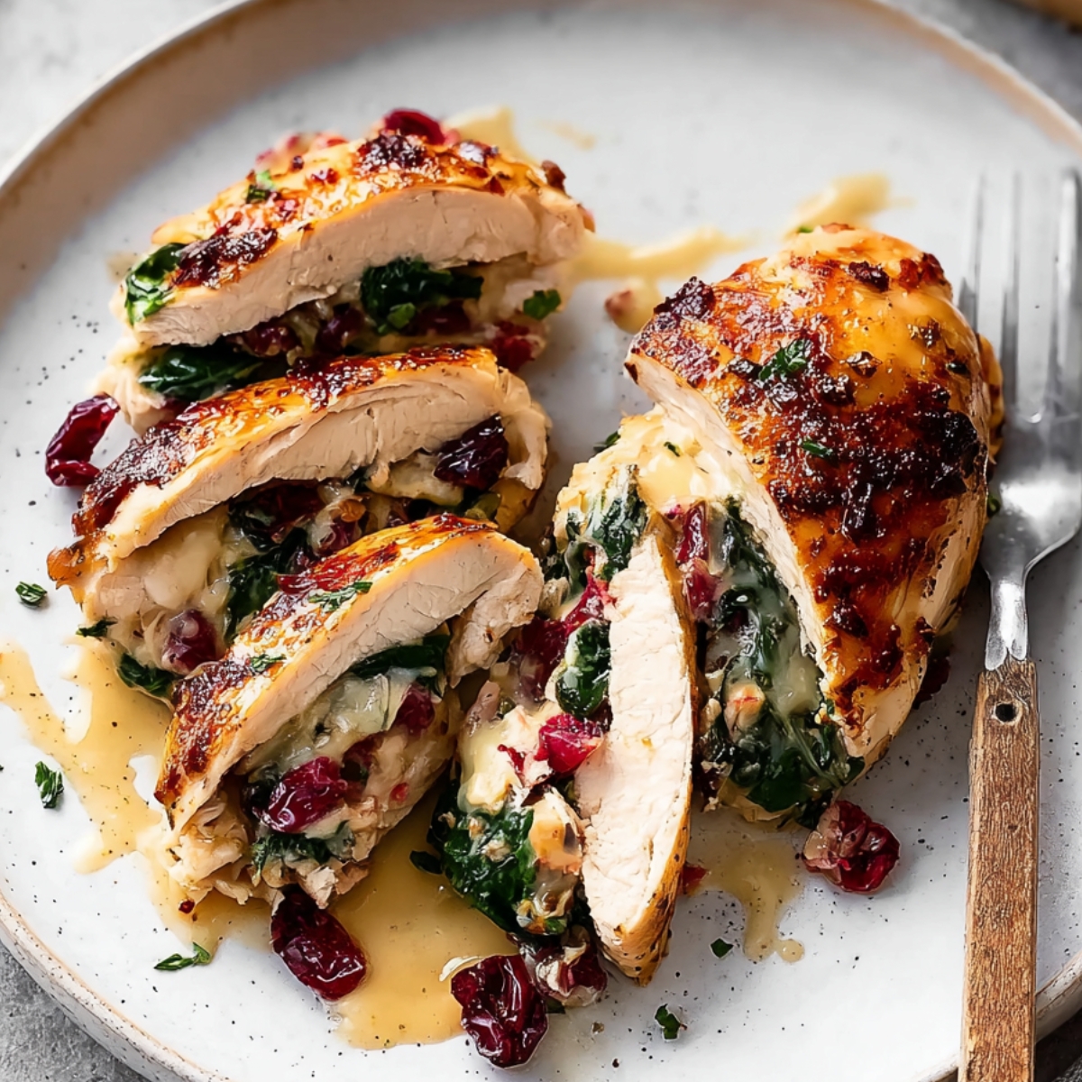 Slices of cranberry and spinach Christmas stuffed chicken breasts on a plate, with melted cheese and sauce, garnished with cranberries and herbs, served with a fork.