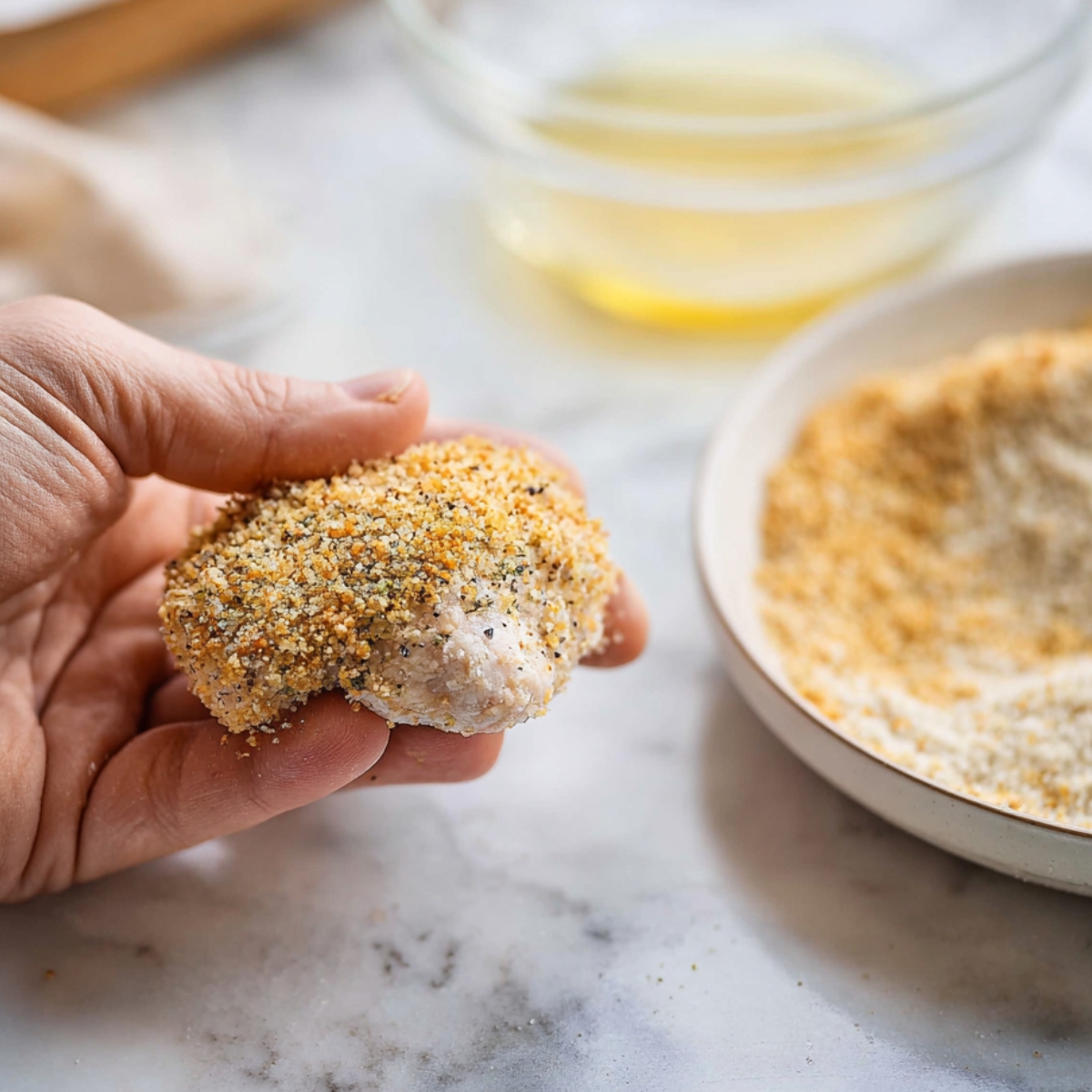 The image shows a hand holding a dough ball, which is coated with seasoned breadcrumbs. There is a bowl of melted butter in the background, suggesting the dough was dipped in it before being coated with the crumbs.