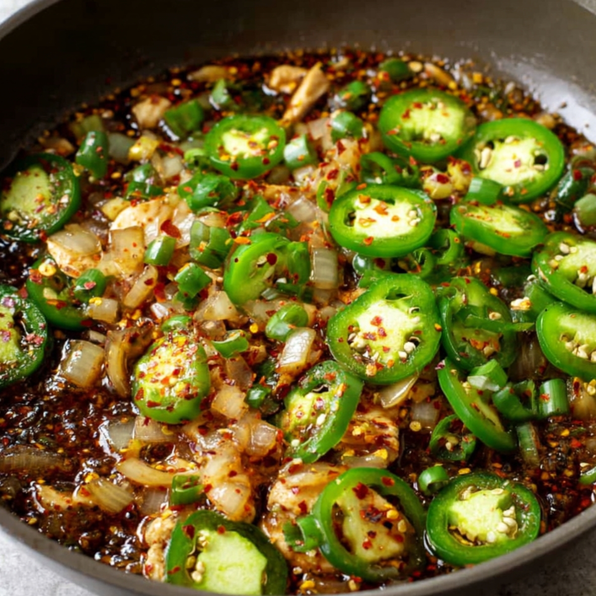 The image shows a close-up of a dish with sliced jalapeños, onions, and a sprinkle of red pepper flakes, cooked in a flavorful sauce. It looks like a spicy and savory dish, possibly a stir-fry or a spicy topping for another meal.