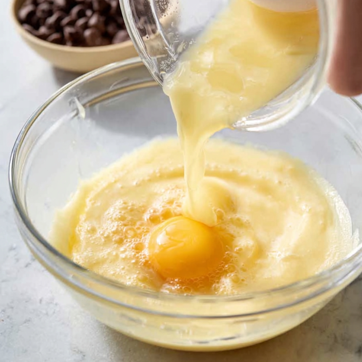 “Melted butter being poured over an egg in a mixing bowl.”