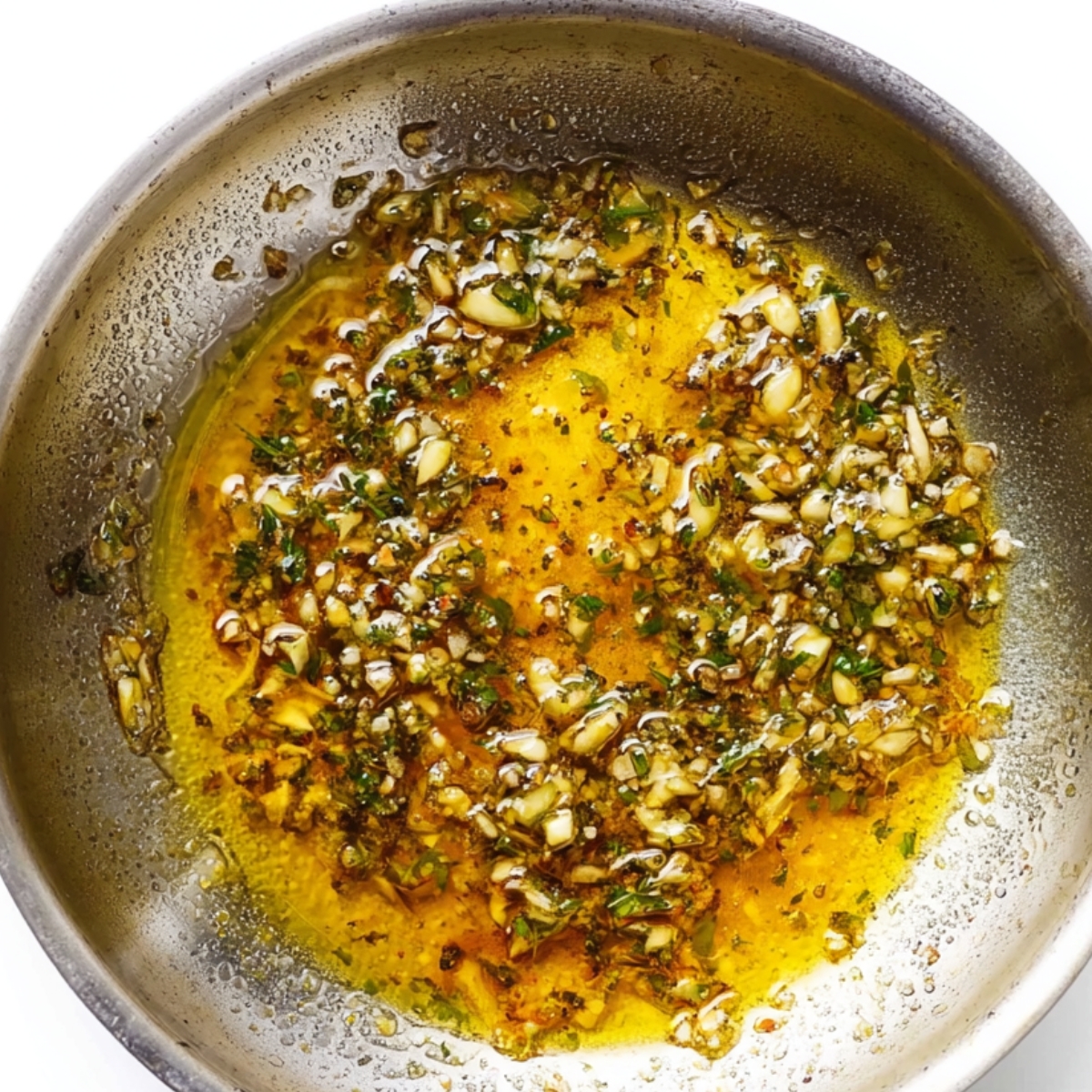 “Garlic and herbs sizzling in melted butter in a skillet.”