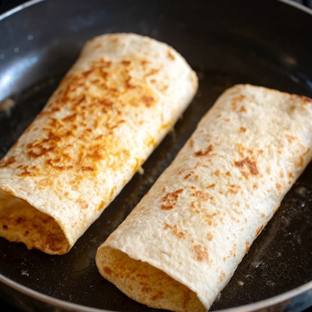 Two golden-brown wraps cooking in a pan, with crispy edges.