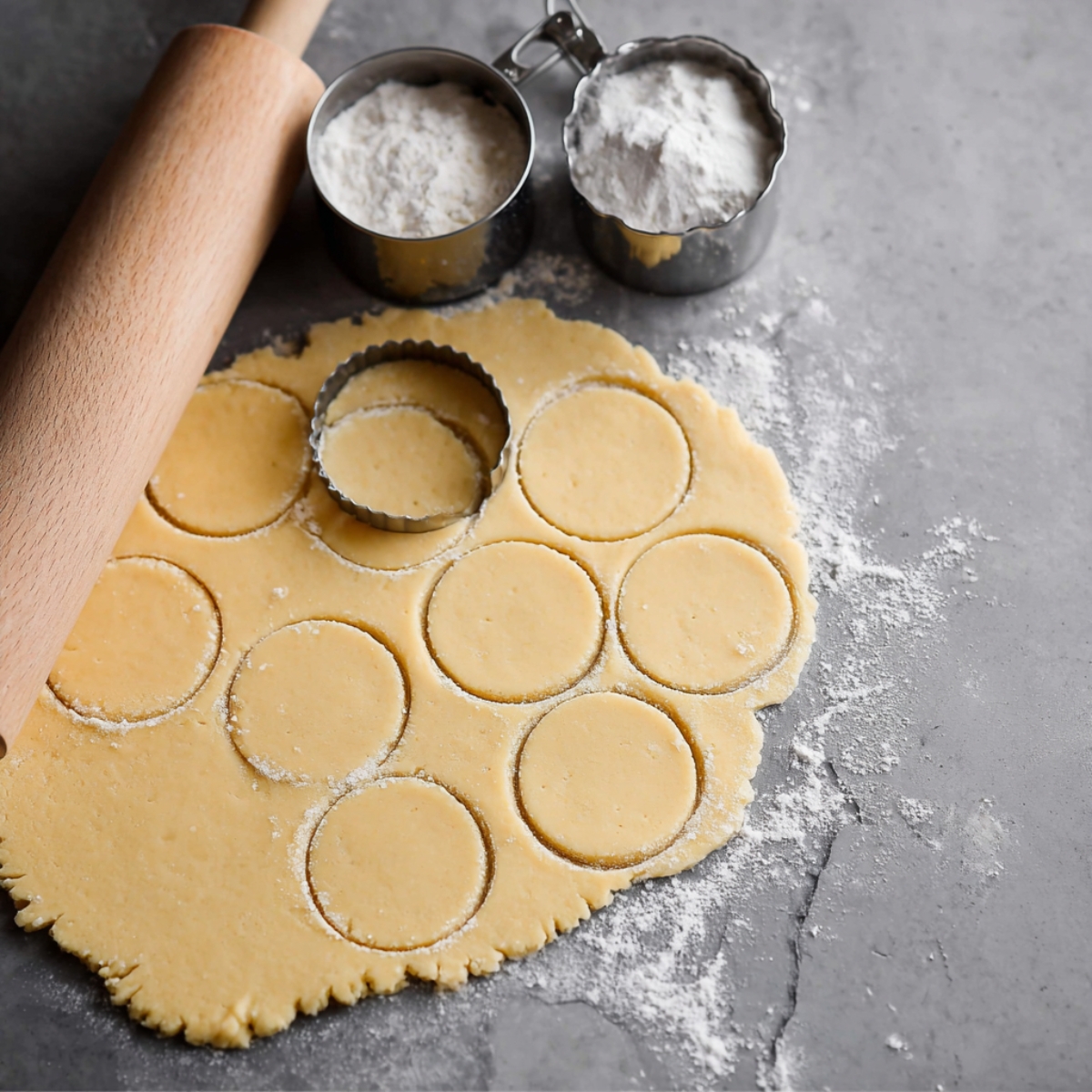 Rolled shortbread dough with circular cookie shapes being cut out, surrounded by flour and measuring cups