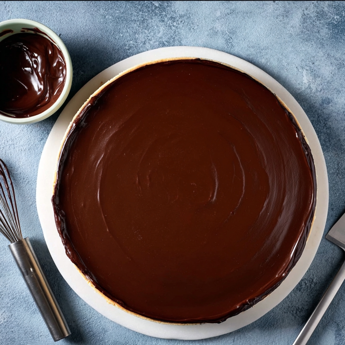 Cheesecake topped with a smooth chocolate ganache layer.