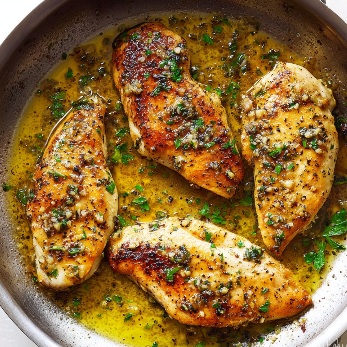 “Pan-seared chicken breasts in garlic butter sauce with herbs in a skillet.”