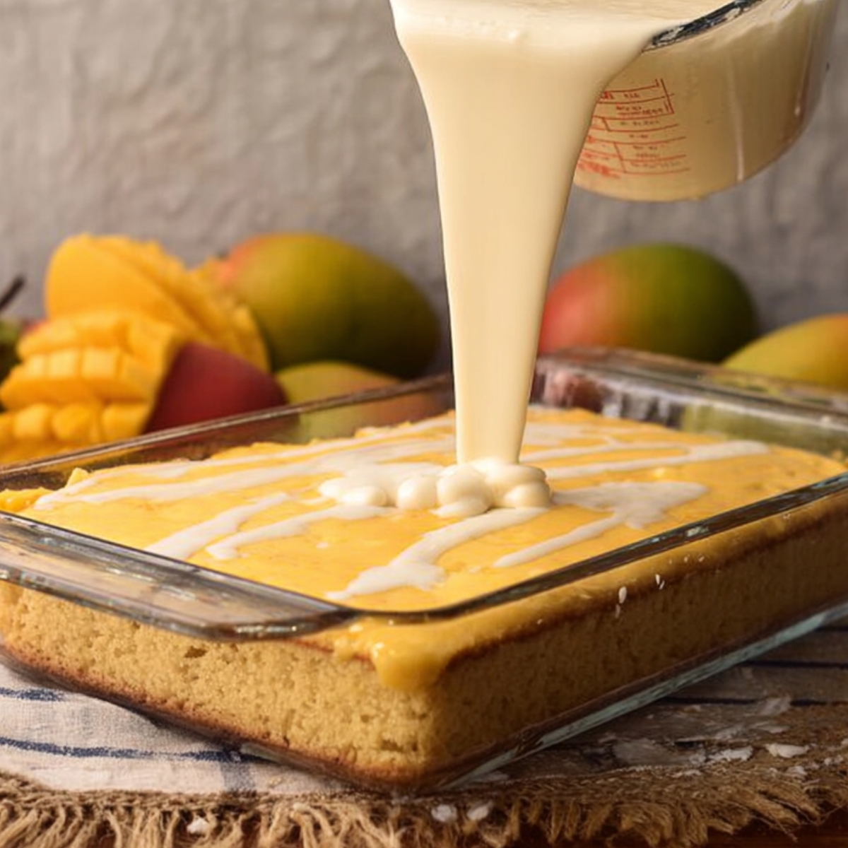 Milk mixture poured over mango sponge cake in a glass dish.