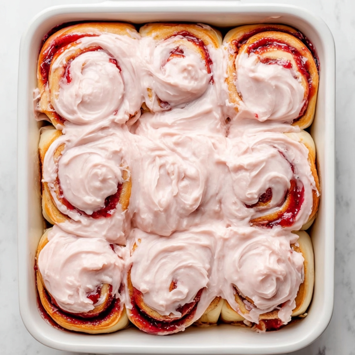 “Overhead view of strawberry cinnamon rolls in a white baking dish, topped with pink cream cheese frosting.”