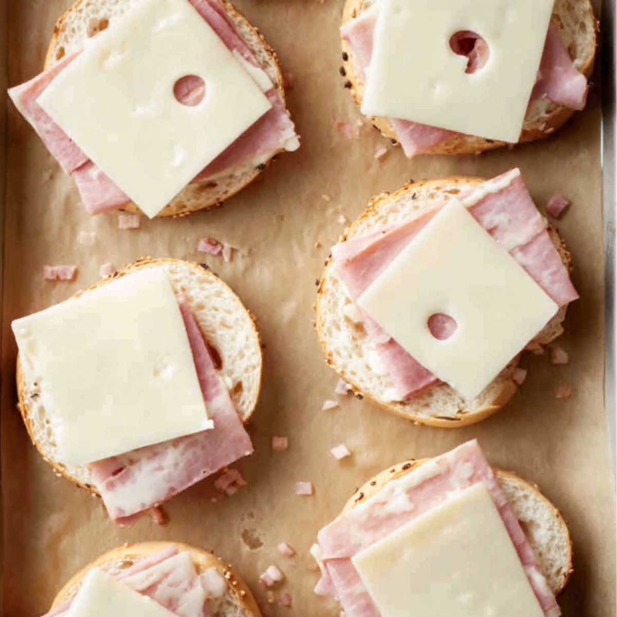 Bagel halves topped with ham and sliced cheese on a baking tray.