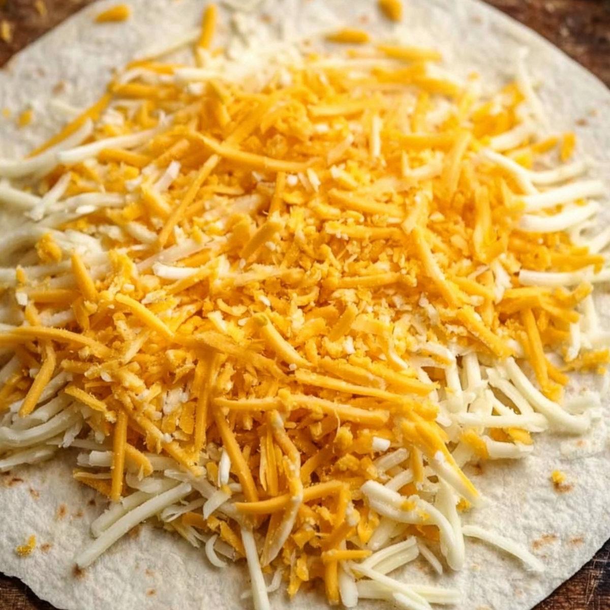 Shredded cheddar and mozzarella cheese layered on a tortilla