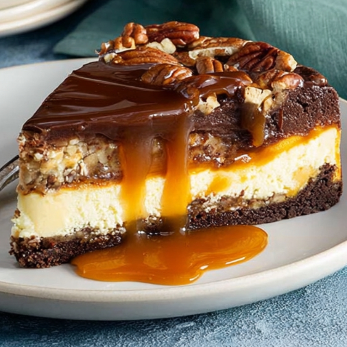 Slice of layered turtle cheesecake with chocolate, caramel drizzle, and pecans on a plate.