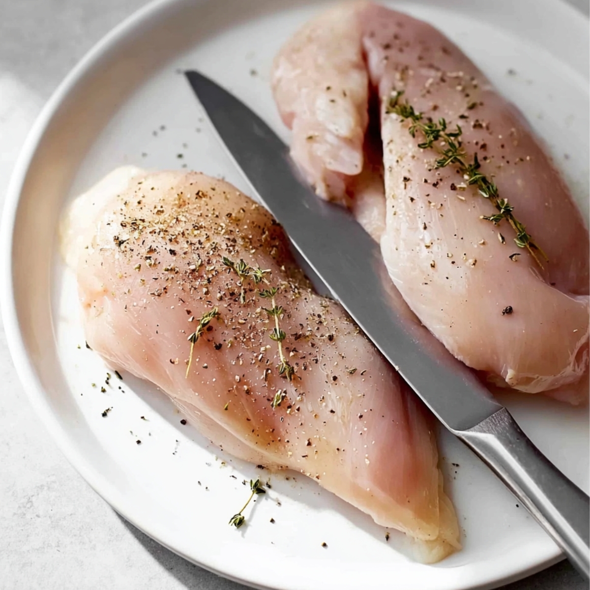"Raw chicken breasts seasoned with pepper and thyme on a plate, with a knife placed beside them."