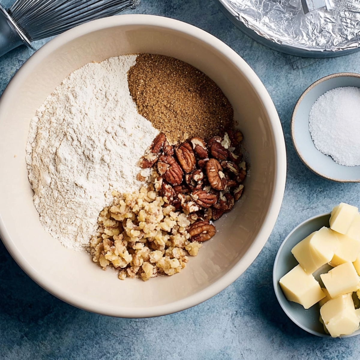 Bowl of flour, brown sugar, and chopped nuts with butter cubes nearby.