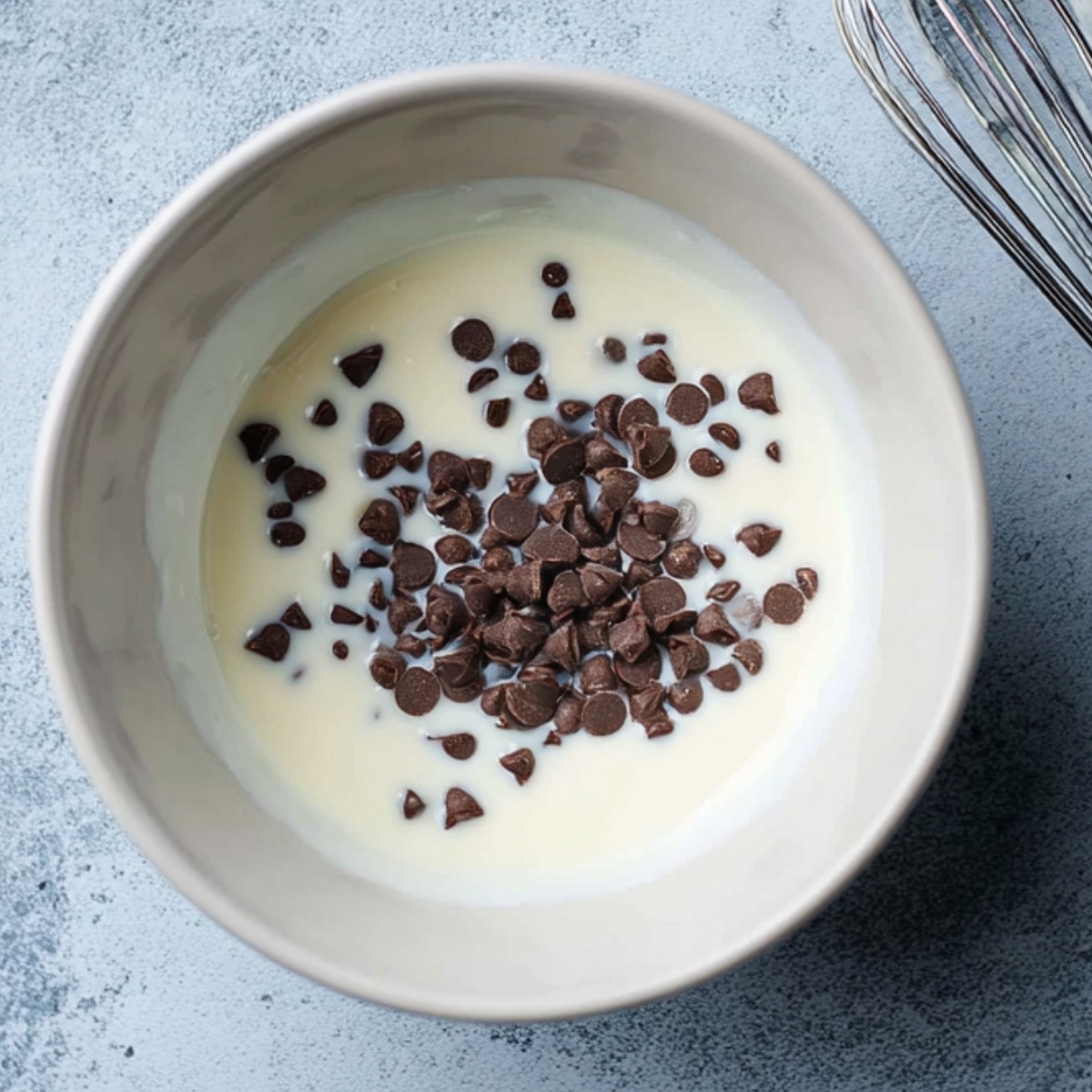 Chocolate chips melting in warm cream in a bowl.