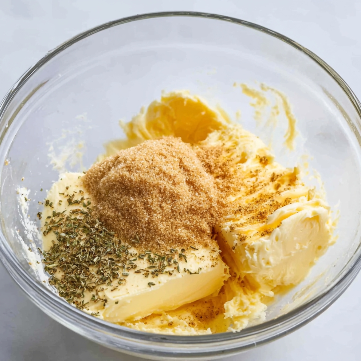 Garlic butter ingredients mixed in a glass bowl.