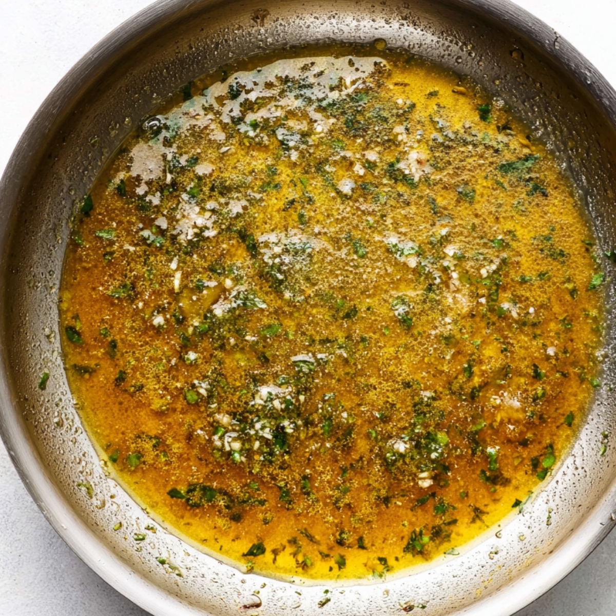 “Garlic butter sauce simmering with herbs in a skillet.”
