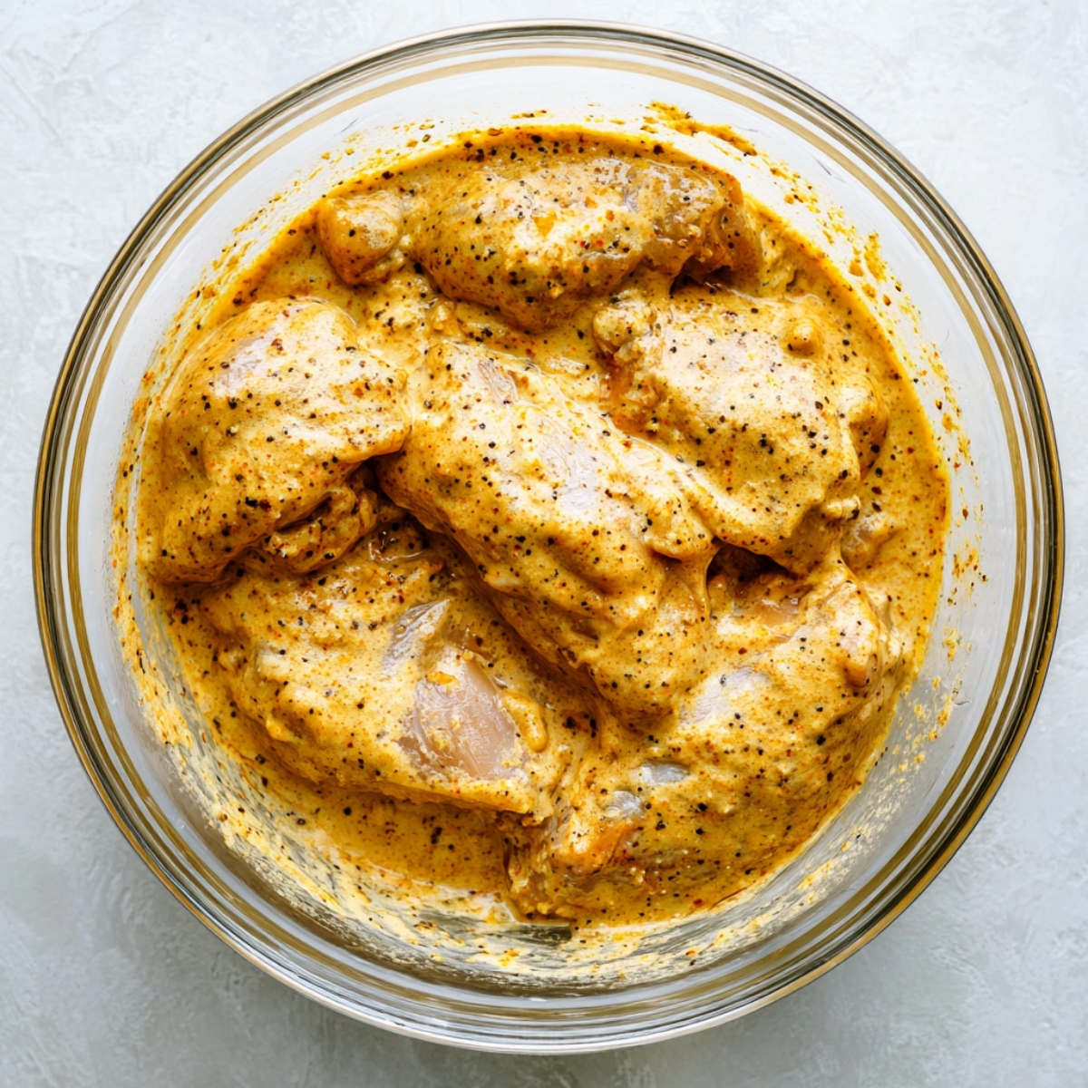 “Chicken thighs coated in a creamy spiced marinade in a glass bowl.”