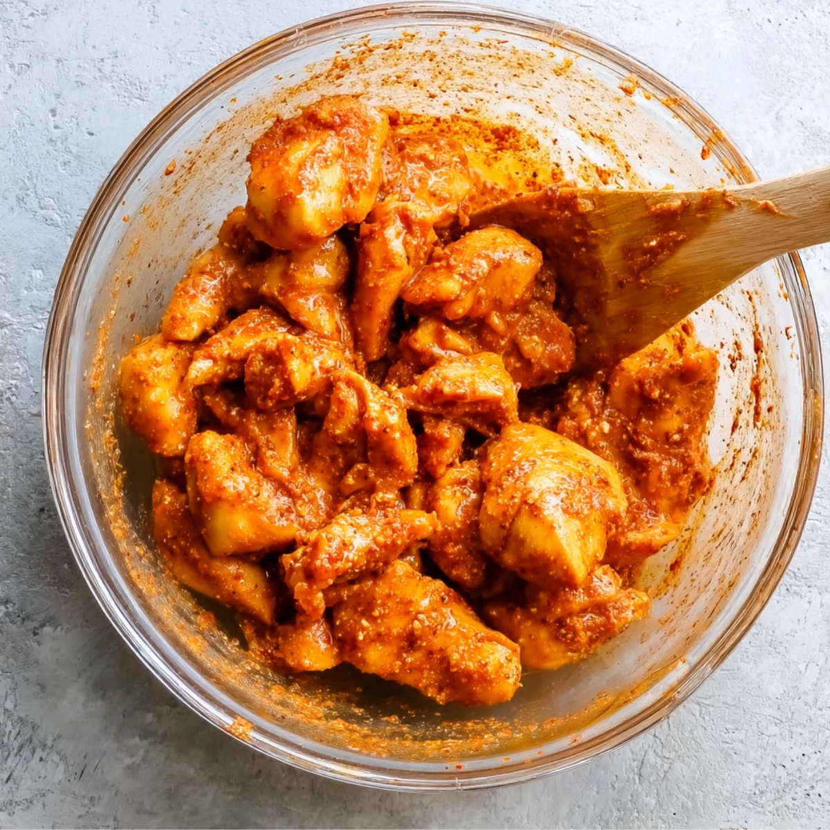 Marinated chicken pieces in a glass bowl with a wooden spoon.