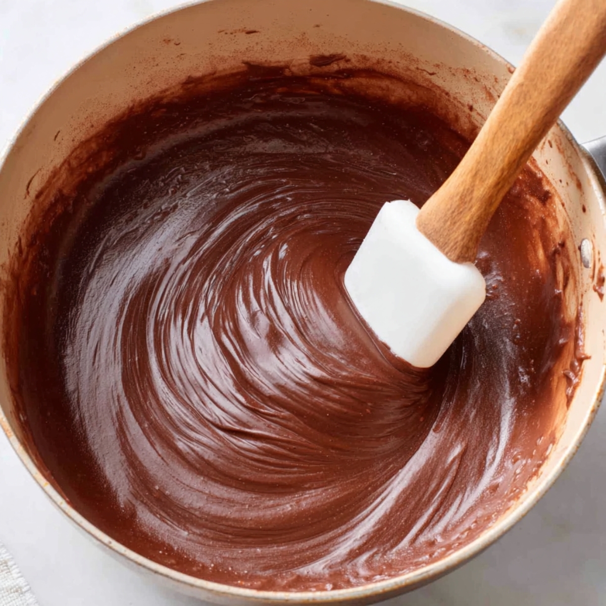 “Chocolate sauce being stirred in a saucepan with a spatula.”