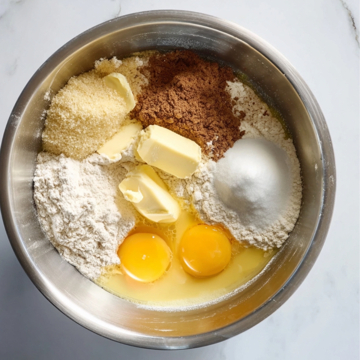 “Baking ingredients for dough in a metal mixing bowl.”
