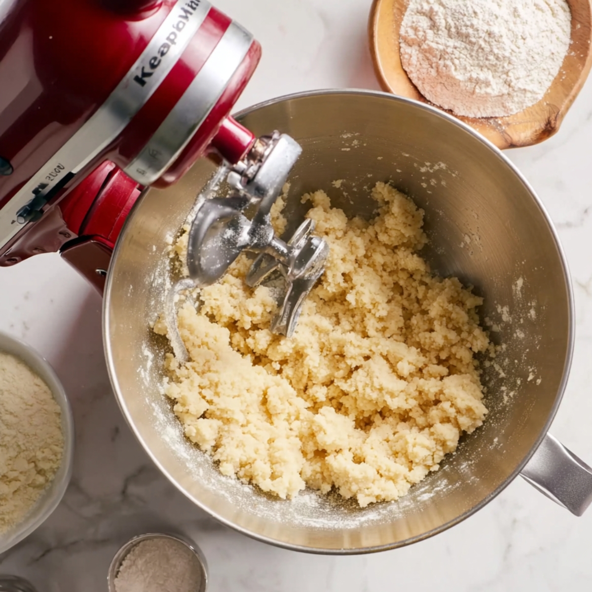 Shortbread dough being mixed in a stand mixer, with flour and other ingredients visible in the background.