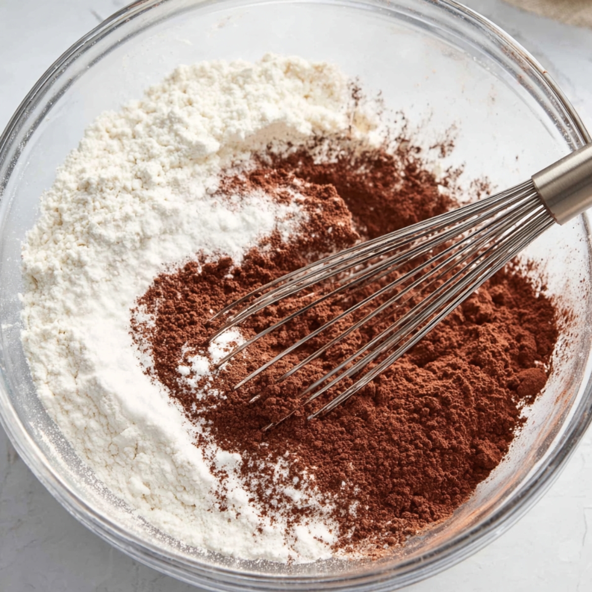 “Whisk mixing cocoa powder and flour in a bowl.”