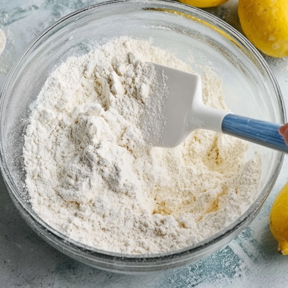 Mixing dry ingredients, including flour, in a glass bowl with a spatula, with fresh lemons nearby