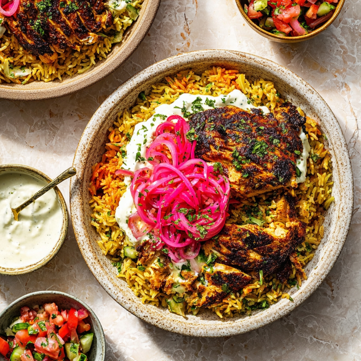 One Pan Shawarma Chicken and Rice with yogurt sauce and pickled onions.”