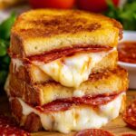 Stacked pizza grilled cheese sandwiches with melted cheese.