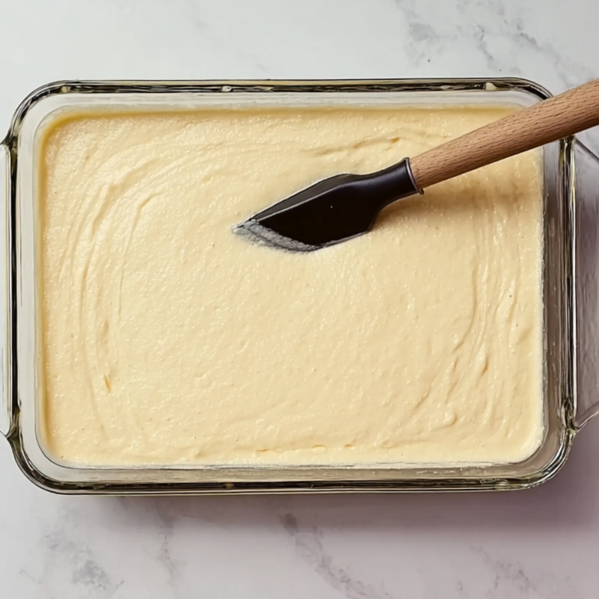 Creamy topping smoothed over cake in a glass baking dish.
