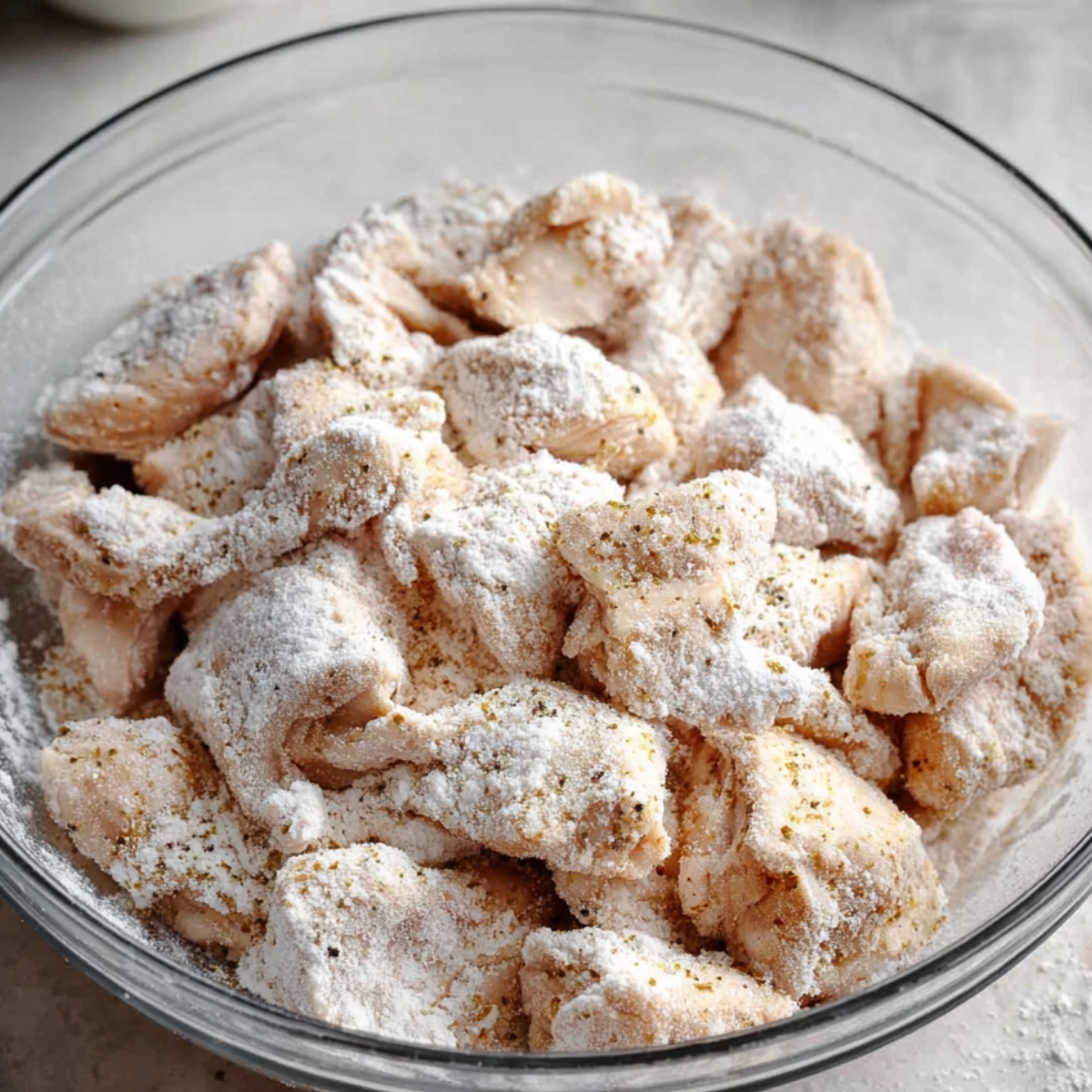 The image shows chicken pieces coated with flour and seasoning, ready for cooking.